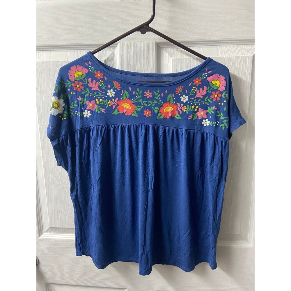 ECLA Top Womens Xl Blue Floral Bohoh Floral Print Round Neck Casual Tagless